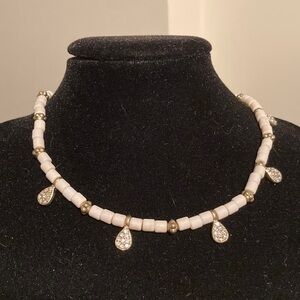 Decree White and Gold Beaded Necklace with Teardrop Charms